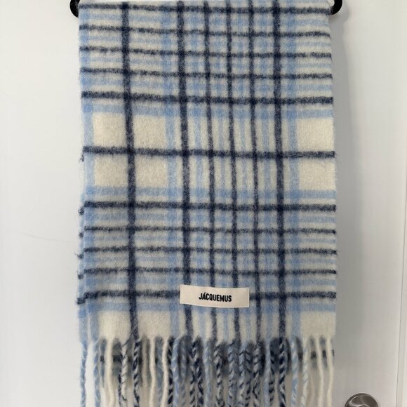 Jacquemus Blue Checked Mohair Alpaca Wool Blend L’Écharpe Carro Scarf - Picture 1 of 3